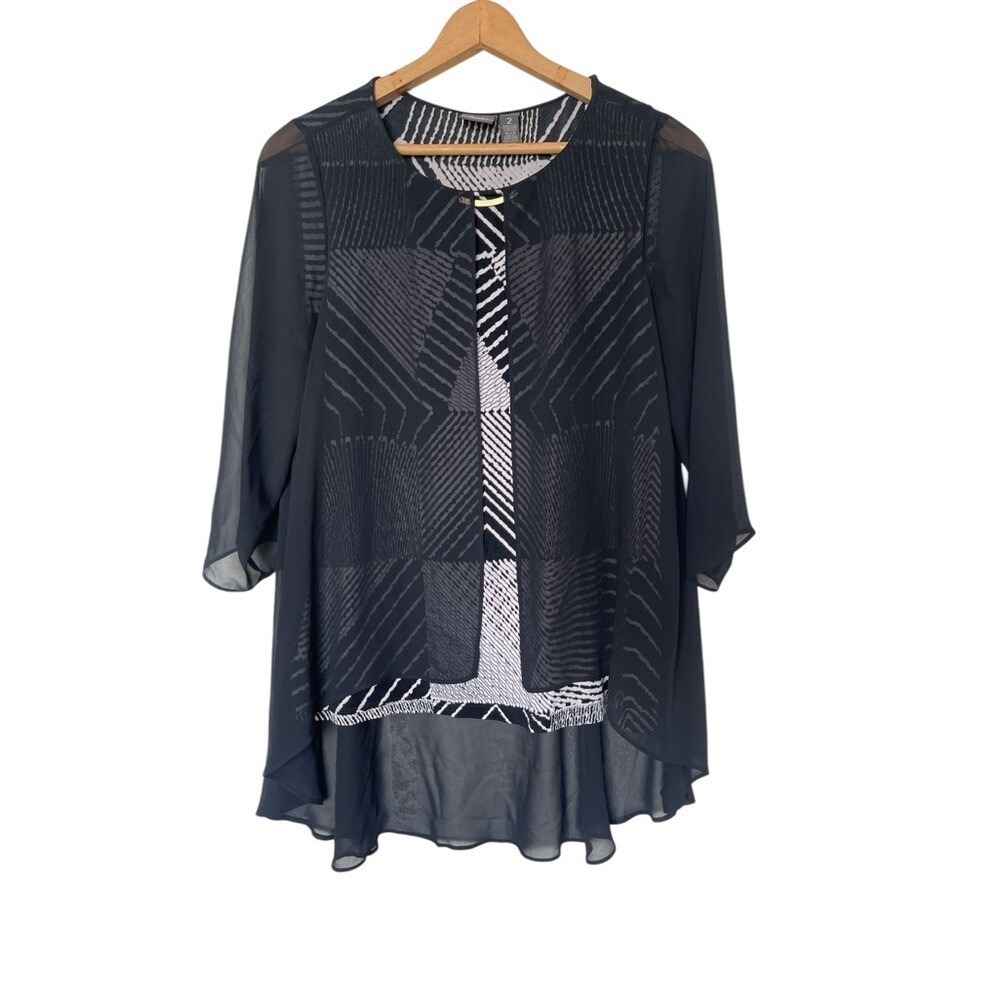 Chico's Travelers Top Womens 2 L Black White Geometric Sheer Layered Chiffon
